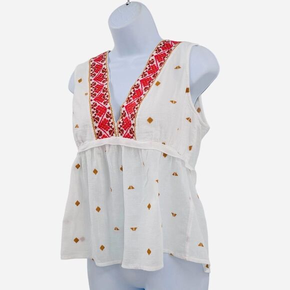 Lucky Brand Romantic Aztec Design Embroidered Babydoll Sleeveless Cotton Top - Picture 4 of 12